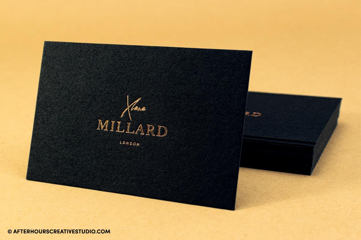 Black wild cotton business card with rose gold foil stamping