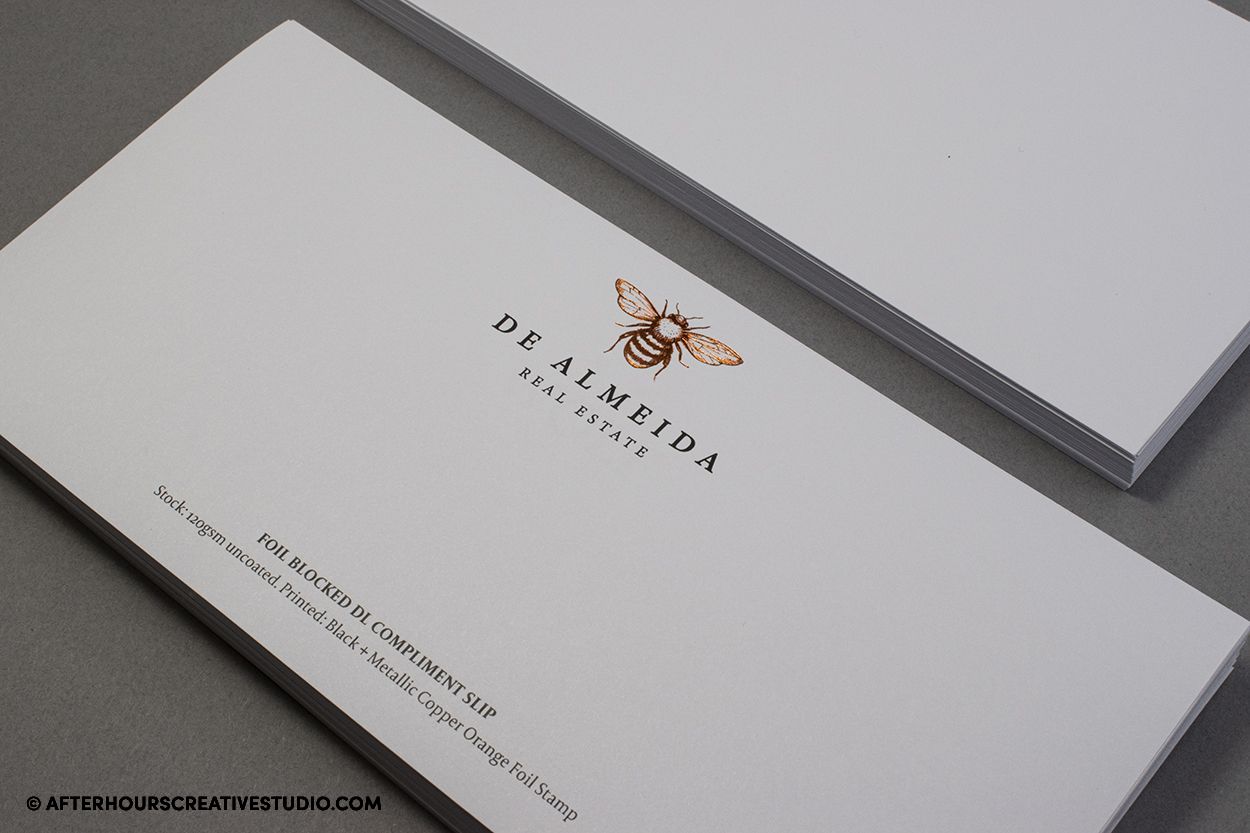 Foil Blocked DL Compliment Slips on 120gsm, with single-sided printing.
