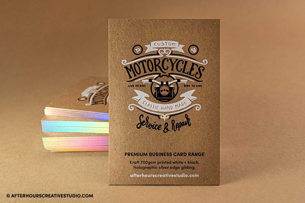 white ink kraft 700gsm business cards with holographic edge gilding