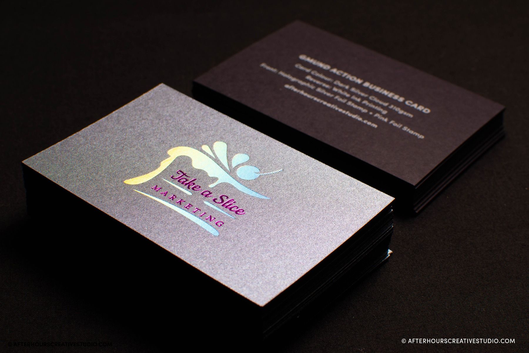 Gmund Action Dark Silver Cloud Business Cards with foil stamping and white ink printing