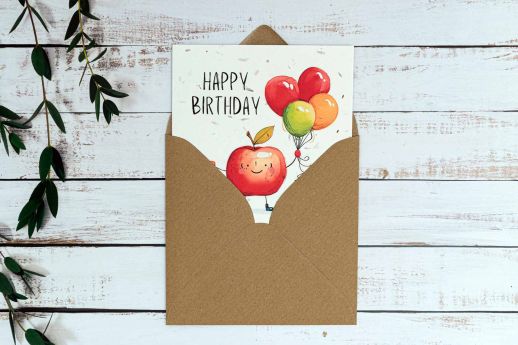 Apple birthday card on plantable seed paper with digital printing, 148mm square and kraft envelope.