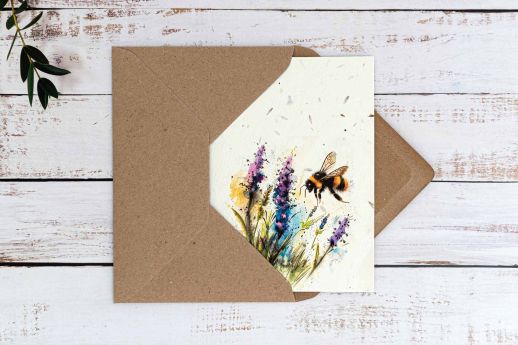 Bee greeting card on plantable seed paper, A6, with digital printing and kraft envelope.