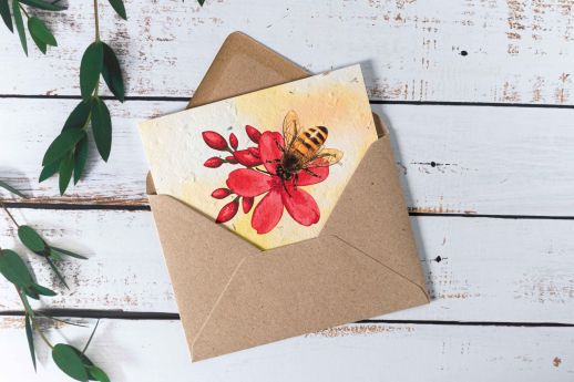 Plantable Honey Bee Note Card digitally printed on seed paper with kraft envelope.