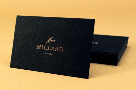 Black wild cotton business card with rose gold foil stamping