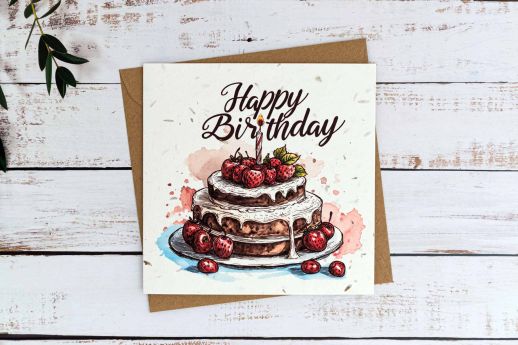 Cake birthday card on plantable seed paper with digital printing.