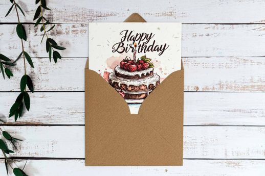 Cake birthday card on plantable seed paper with digital printing and kraft envelope.