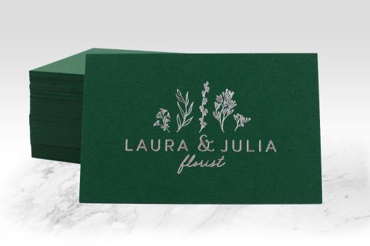 Colorplan Duplexed 540gsm Business Cards, Forest Green stock with metallic silver foil blocking.