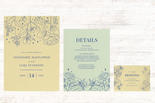 Wedding suite on Colorplan Sorbet Yellow and Pistachio 350gsm with digital printing.