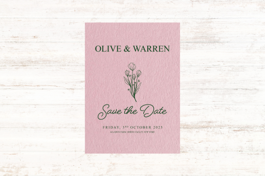 Save-the-Date invitation on Colorplan Candy Pink 540gsm with digital printing, size: 5" X 7".