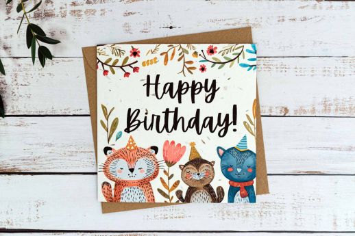 Baby animals birthday card on plantable seed paper with digital printing.