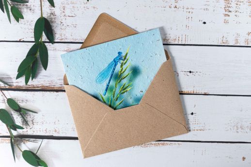 Plantable Dragonfly Note Card digitally printed on seed paper with kraft envelope.