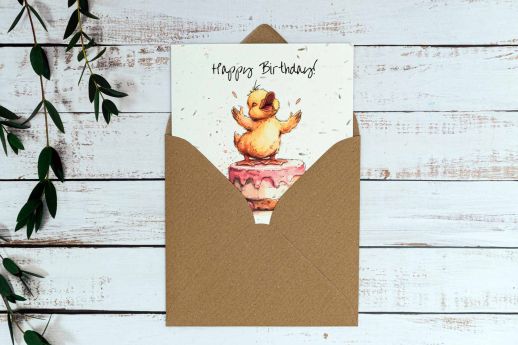 Duck birthday card on plantable seed paper with digital printing and kraft envelope.