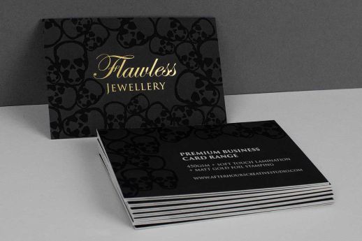 Velvet Laminated business cards with full-colour printing and metallic gold foil blocking.