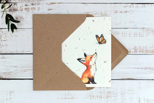 Fox greeting card on plantable seed paper with digital printing and kraft envelope.