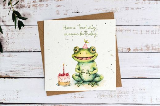 Frog birthday card on plantable seed paper with digital printing.