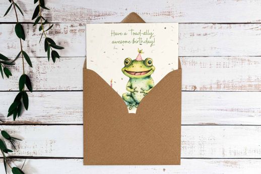 Frog birthday card on plantable seed paper with digital printing and kraft envelope.