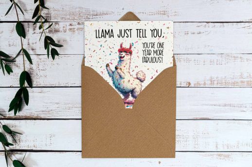 Llama birthday card on plantable seed paper with digital printing and krafft envelope.