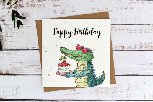 Gator birthday card on plantable seed paper with digital printing.