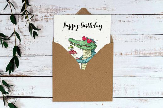 Gator birthday card on plantable seed paper with digital printing and kraft envelope.