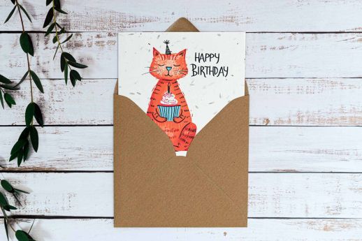 Ginger cat birthday card on plantable seed paper with digital printing and kraft envelope.
