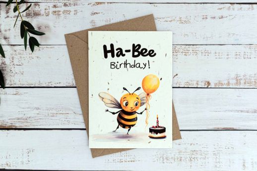 Ha Bee Birthday Card on plantable seed paper with digital printing.