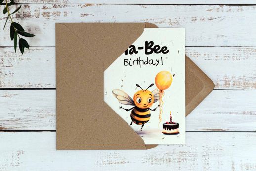 Ha Bee Birthday Card on plantable seed paper with digital printing and kraft envelope.