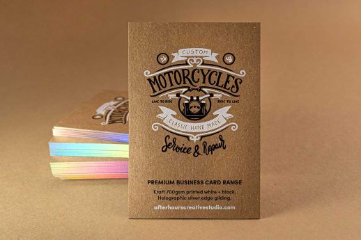 white ink kraft 700gsm business cards with holographic edge gilding