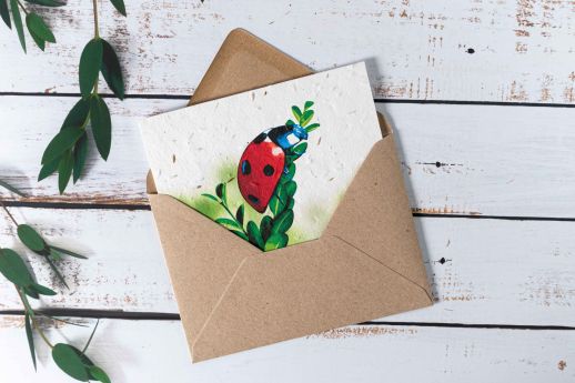 Ladybird Plantable Note Card with digital printing and kraft envelope.