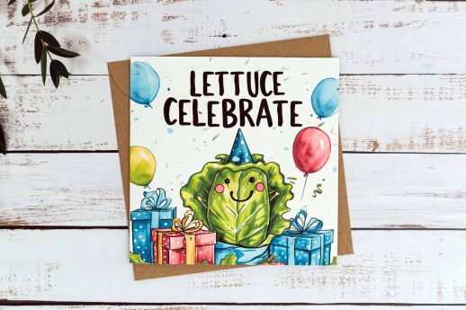 Lettuce celebrate birthday card on plantable seed paper with digital printing.