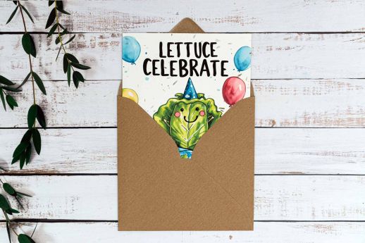 Lettuce celebrate birthday card on plantable seed paper with digital printing and kraft envelope.
