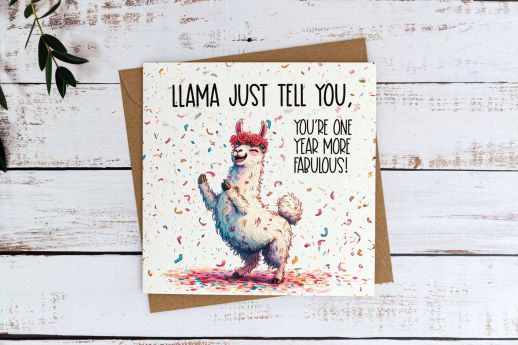 Llama birthday card on plantable seed paper with digital printing.
