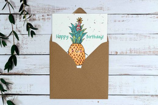 Pineapple birthday card on plantable seed paper with digital printing and kraft envelope.