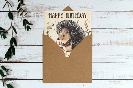 Porcupine birthday card on plantable seed paper with digital printing with kraft envelope.