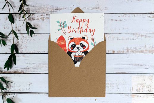 Red panda birthday card on plantable seed paper with digital printing and kraft envelope.