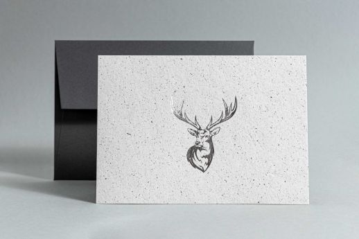 Reindeer Poo Paper Note Card with silver foil and dark grey envelope