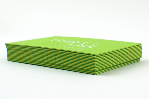 Senses Triplexed Business Cards 750gsm. Shamrock/Saffron Yellow/Botanical Green stocks, with white gloss foil and blind debossing.