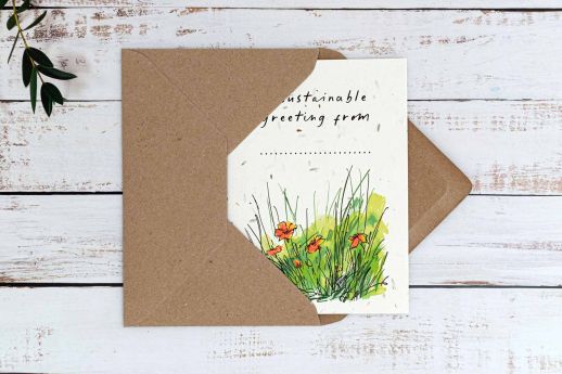 Sustainable greeting card on seed paper with digital printing and kraft envelope.