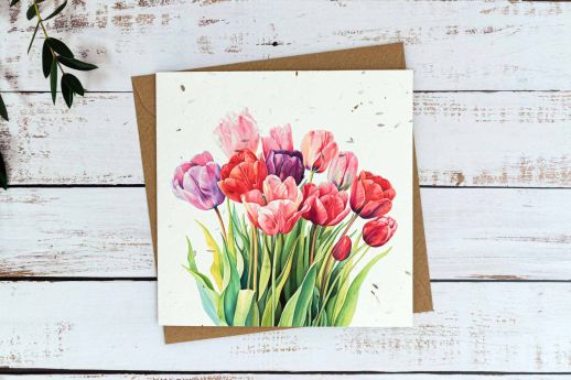 Tulips greeting card on plantable seed paper with digital printing.