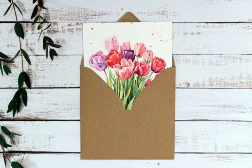 Tulips greeting card on plantable seed paper with digital printing and kraft envelope.