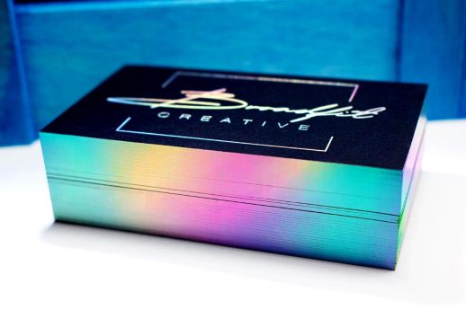 Vanguard black business cards with holographic foil stamp + holographic edge gilding