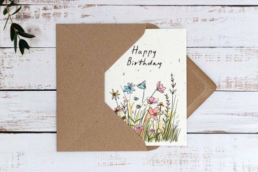 Wildflowers happy birthday card and kraft envelope.