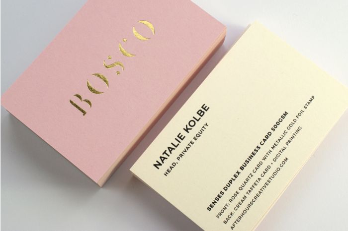 Senses Duplexed 500gsm Business cards with metallic gold foil and black ink printing.