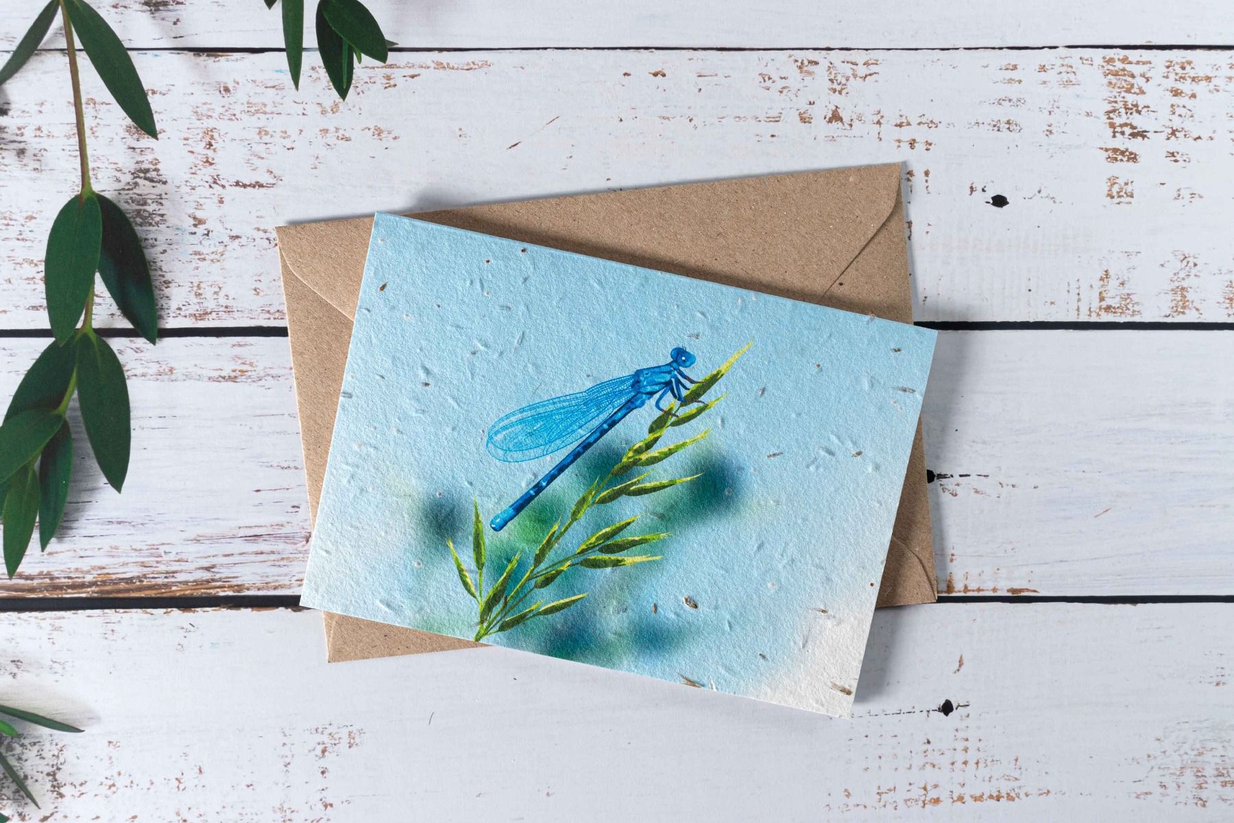 Plantable Dragonfly Note Card on seed paper with kraft envelope.