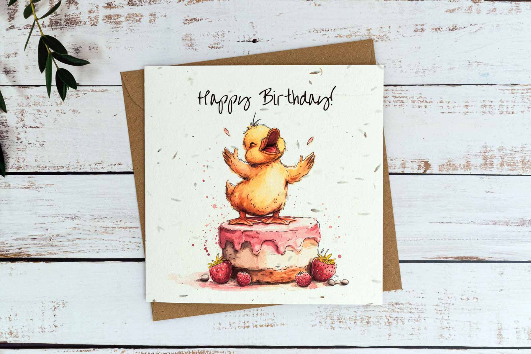Duck birthday card on plantable seed paper with digital printing.