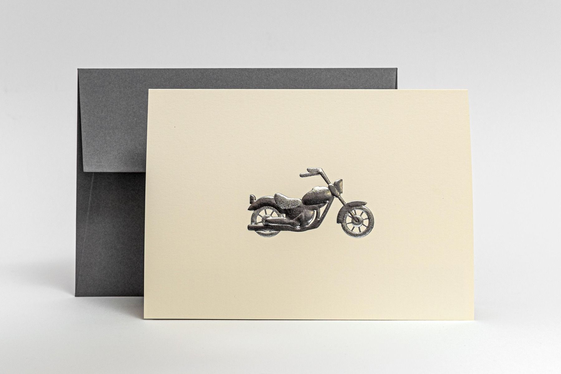 Silver embossed motorbike note card with a premium grey envelope.