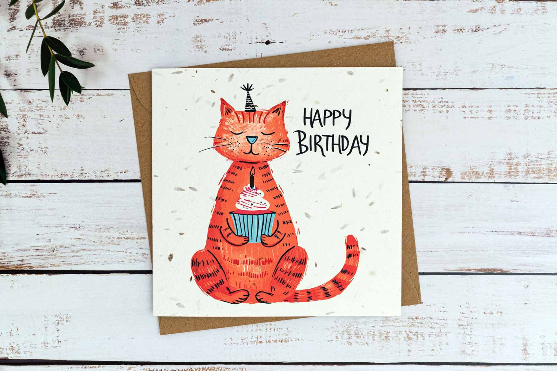 Ginger cat birthday card on plantable seed paper with digital printing. 