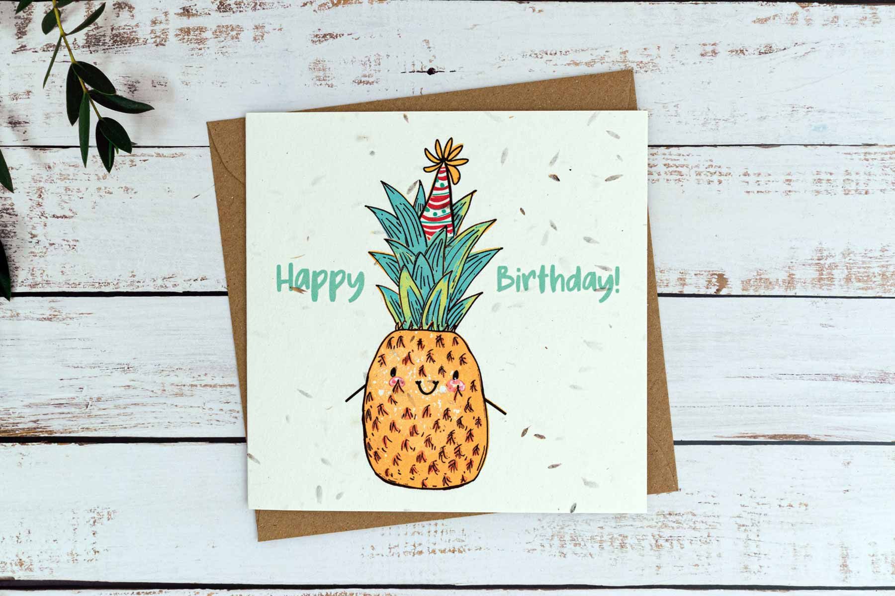 Pineapple birthday card on plantable seed paper with digital printing.