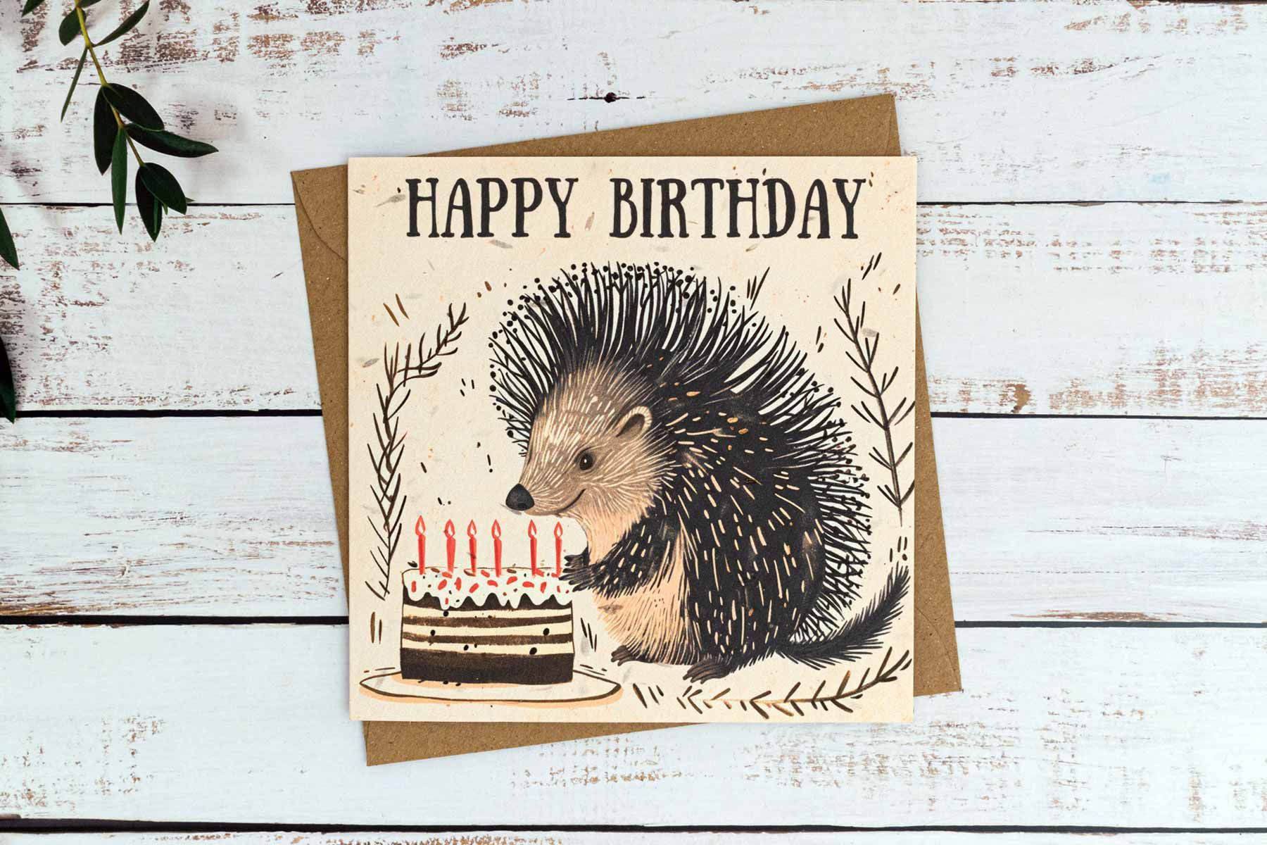 Porcupine birthday card on plantable seed paper with digital printing. 