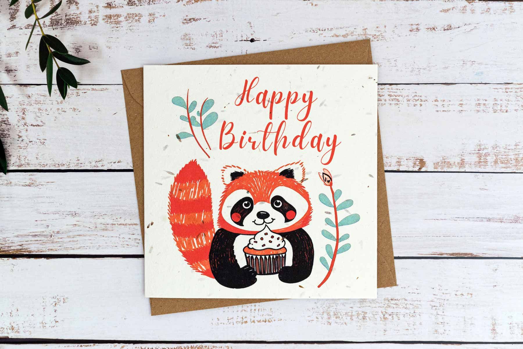 Red panda birthday card on plantable seed paper with digital printing.