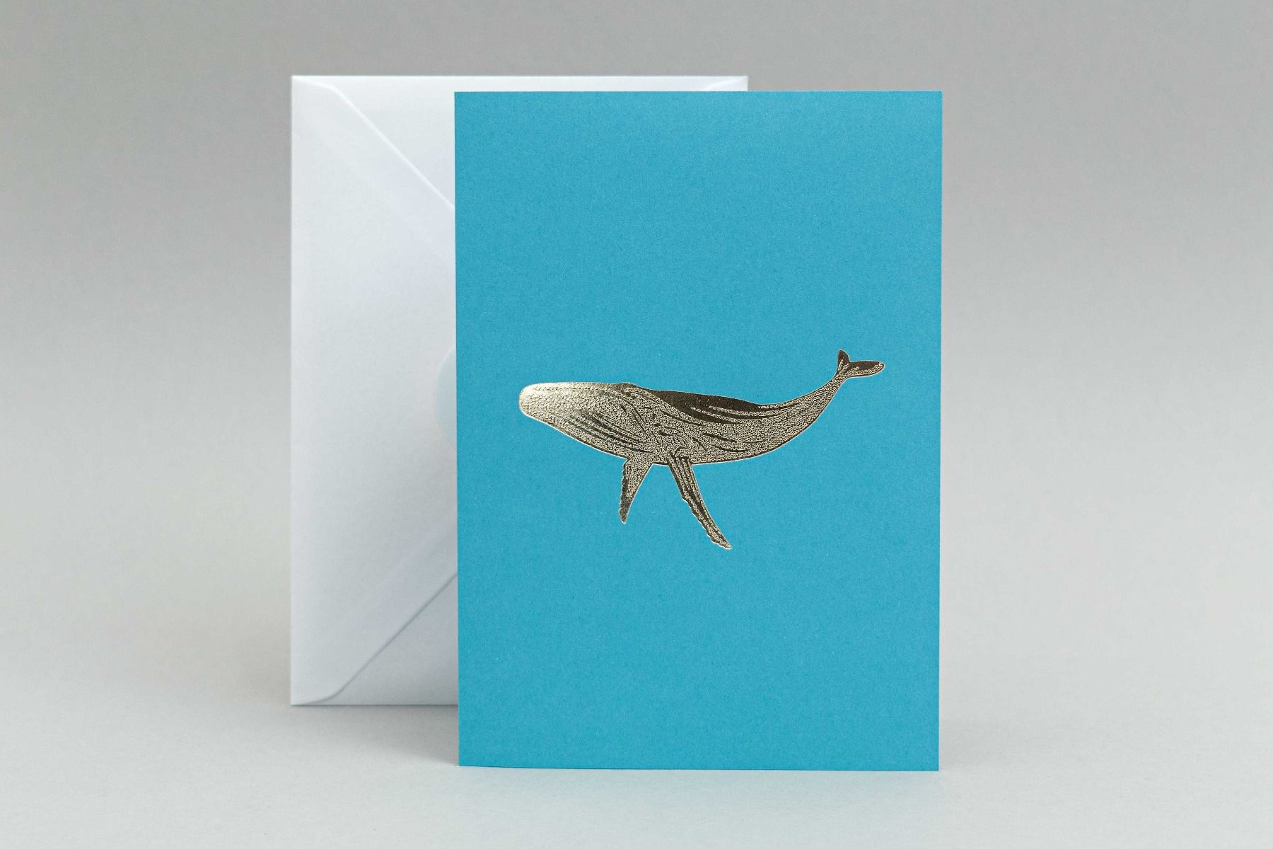 Silver Foil whale note card on ecofriendly blue card stock.